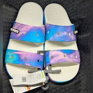 Blue and Purple Tie-Dye CROCS Sandals.